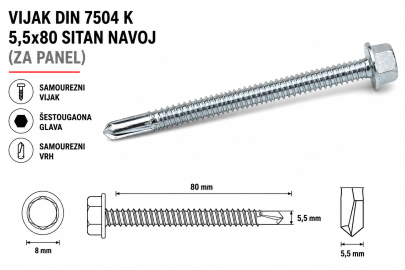 VIJAK DIN 7504 K 5,5x80 SITAN NAVOJ (ZA PANEL)